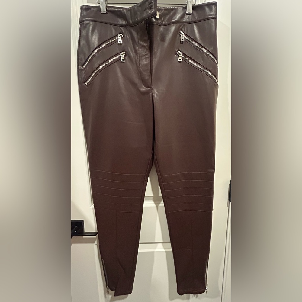 Burgundy Leather Pants with Zipper Details